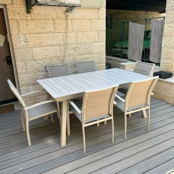 שולחן אלומיניום 172 נפתח ל-243 רגל אלכסון + 6 כסאות אלומיניום