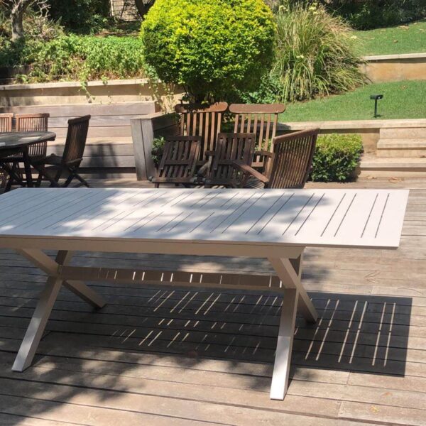 שולחן אלומיניום 172 נפתח ל-243 רגלי איקס + 6 כסאות אלומיניום סלינג כפול