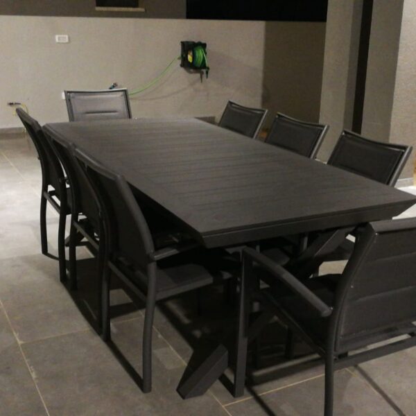 שולחן אלומיניום 216 נפתח ל-297 רגלי איקס + 6 כסאות אלומיניום סלינג כפול