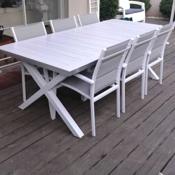 שולחן אלומיניום 216 נפתח ל-297 רגלי איקס + 6 כסאות אלומיניום סלינג כפול