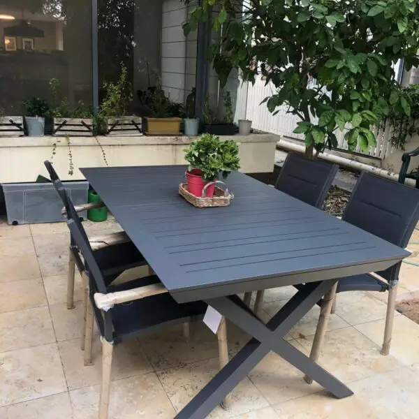 שולחן אלומיניום 172 נפתח ל-243 רגלי איקס + 6 כסאות אלומיניום סלינג כפול