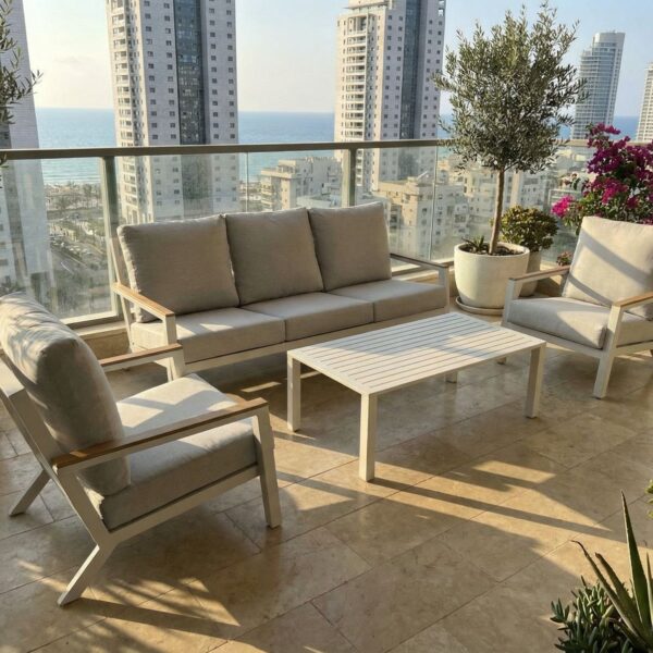 פינת ישיבה אלומיניום תלת מושבית דגם "זנזיבר" ידיות עץ פוליווד