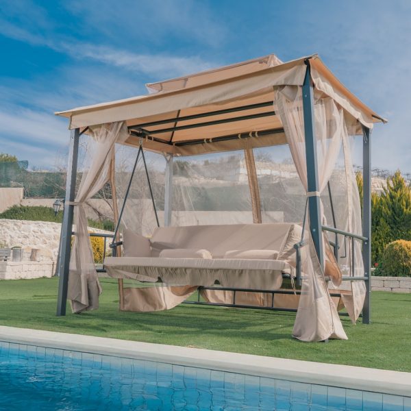 נדנדה תלת מושבית משולבת גזיבו + וילונות דגם GRANADA