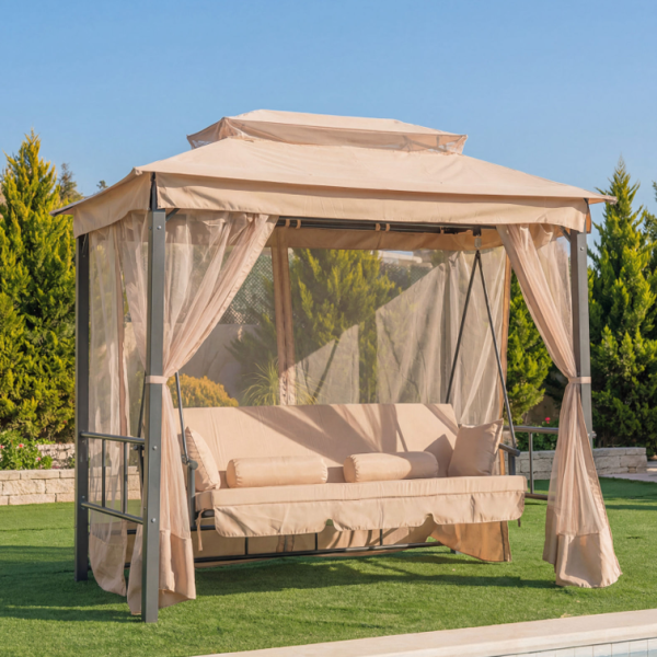 נדנדה תלת מושבית משולבת גזיבו + וילונות דגם GRANADA