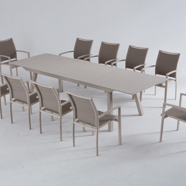 שולחן אלומיניום 216 נפתח-297 רגל אלכסון + 6 כסאות אלומיניום סלינג כפול