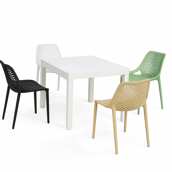 שולחן אלומיניום שלבים 90/180 + 4 כסאות רשת פלסטיק ייצוק