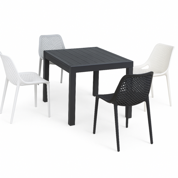 שולחן אלומיניום שלבים 90/180 + 4 כסאות רשת פלסטיק ייצוק