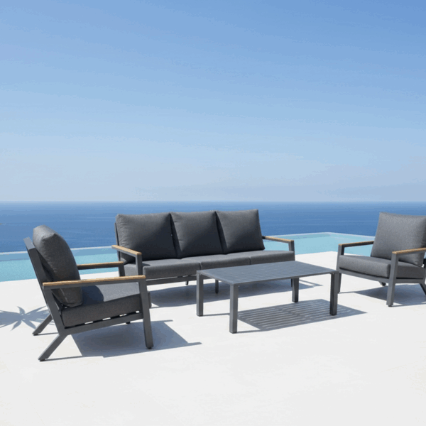 פינת ישיבה אלומיניום תלת מושבית דגם "זנזיבר" ידיות עץ פוליווד