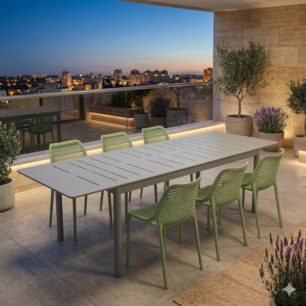 שולחן אלומיניום 210 נפתח ל- 3 מטר חיתוכי לייזר + 6 כסאות פלסטיק יצוק במגוון צבעים