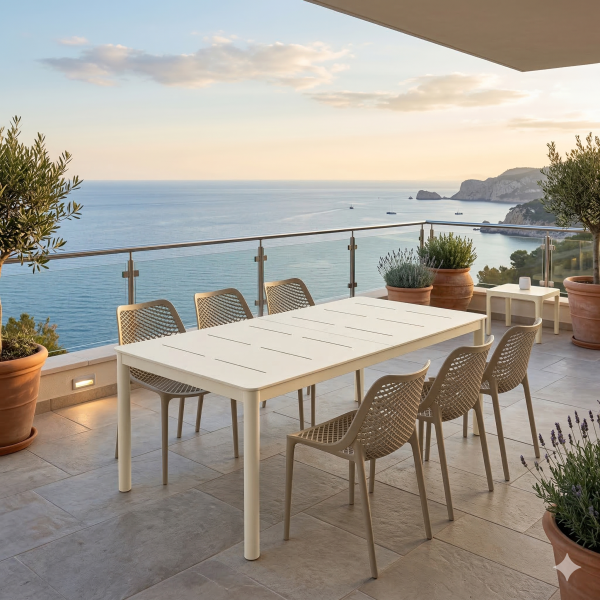 שולחן אלומיניום 210 נפתח ל- 3 מטר חיתוכי לייזר + 6 כסאות פלסטיק יצוק במגוון צבעים